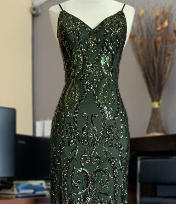 Green shiny elegant delicate beaded applique spaghetti straps long tulle mermaid slim ball gown evening dress gh3190