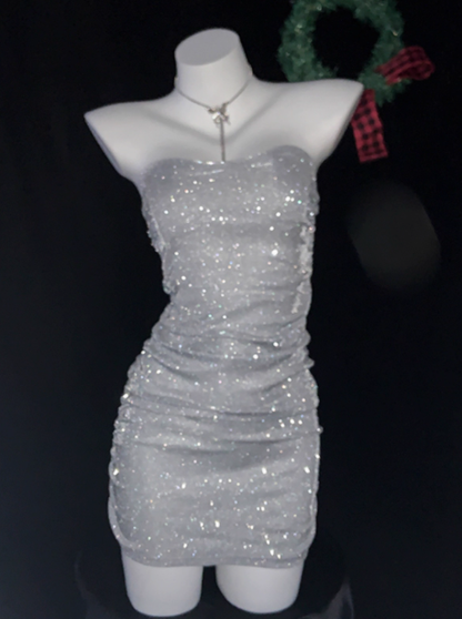 Glitter Silver Strapless Sheath Short Cocktail Dress Homecoming Dress S674