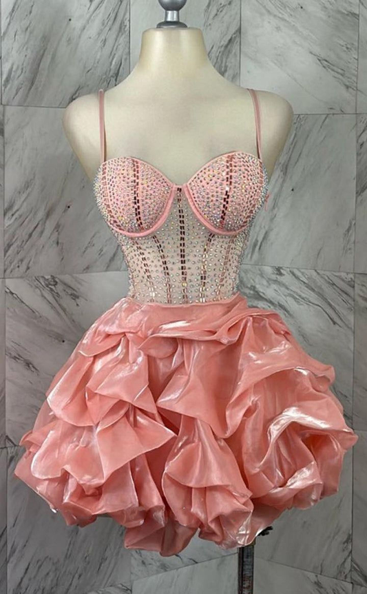 Stylish Spaghetti Straps Blush Pink Organza Formal Graduation Homecoming Dress Short Prom Dress S852