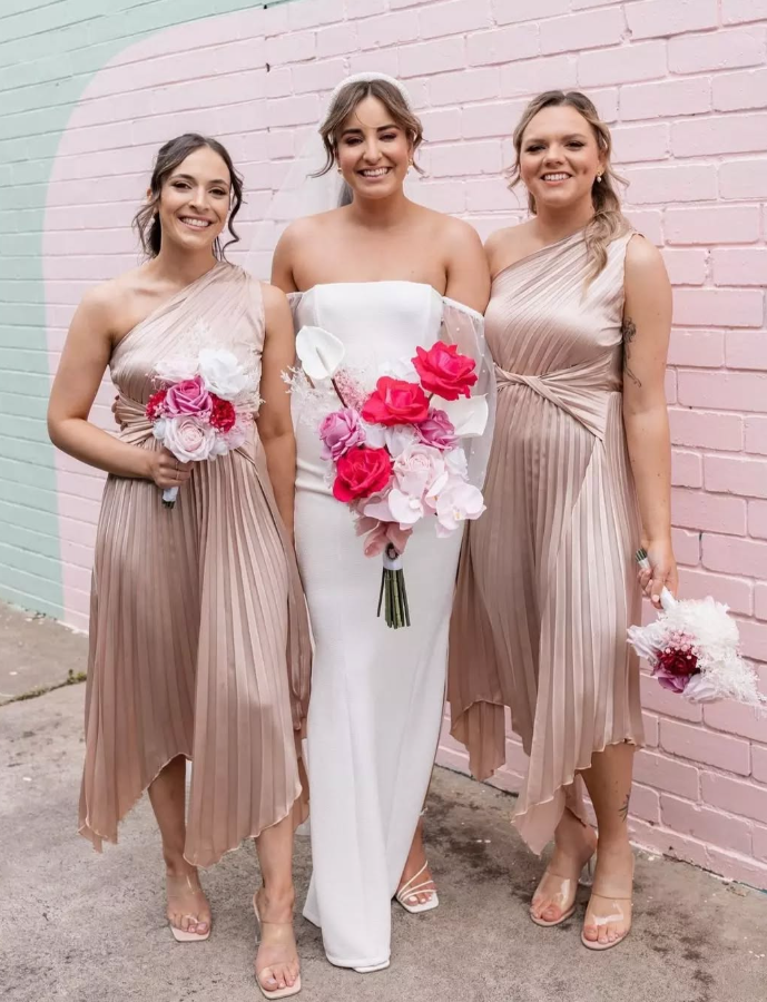 Elegant A Line One Shoulder Pleated Apricot Satin Bridesmaid Dress Evening Dress  SH3058