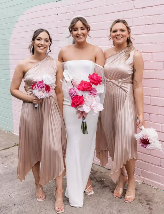 Elegant A Line One Shoulder Pleated Apricot Satin Bridesmaid Dress Evening Dress  SH3058