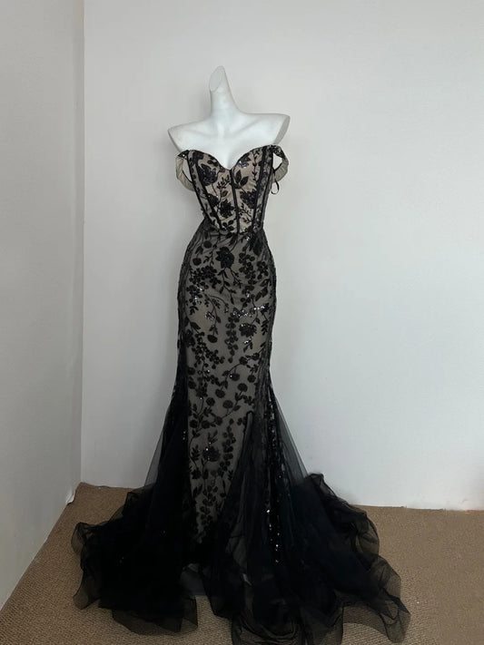 Black floral fashion tulle long prom dress evening gown party dress gh4834