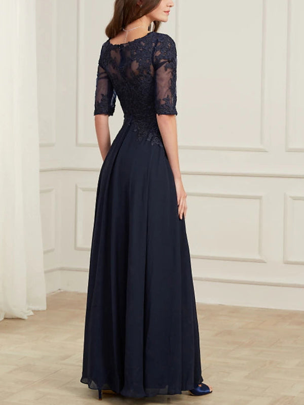 Round Neck Lace Solid Color Maxi Dress