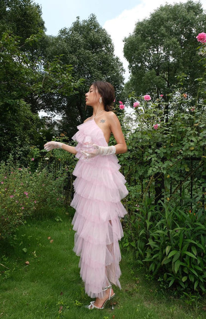 Pink Sweet Backless Long Tulle Ball Gown Evening Dress Party Dress gh3297