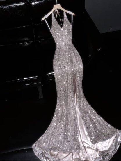 Silver Sequin Mermaid Halter Satin Backless Prom Dress Evening Dress with Slit SH3637
