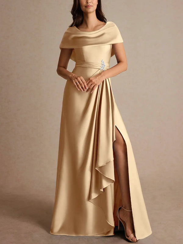 Champagne A-Line Pleated Stretch Satin Dress
