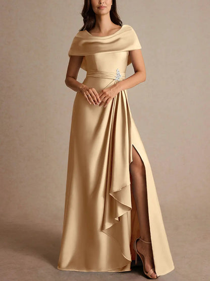 Champagne A-Line Pleated Stretch Satin Dress