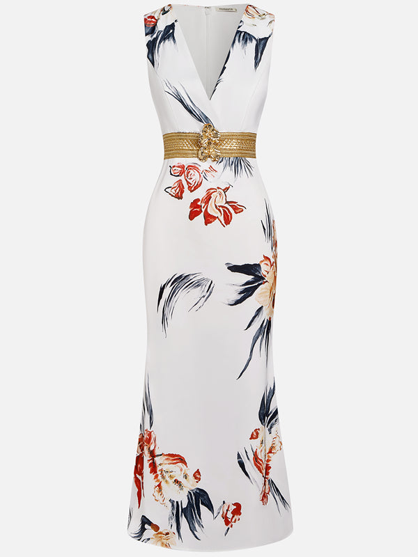 Floral Satin V Neck Sleeveless A-Line Maxi Dress
