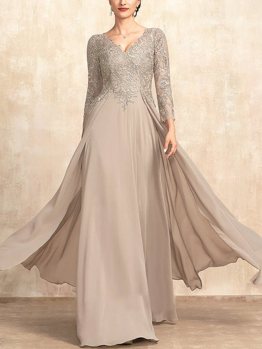 V-Neck Lace Long-Sleeved Solid Color Maxi Dress