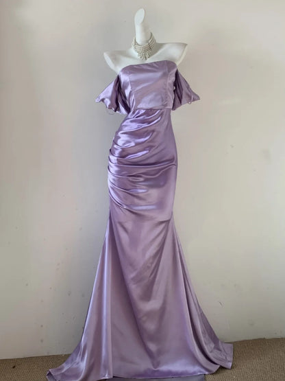Purple simple fashionable strapless fishbone one-shoulder dress elegant long satin floor-length ball gown evening dress prom dress gh3726