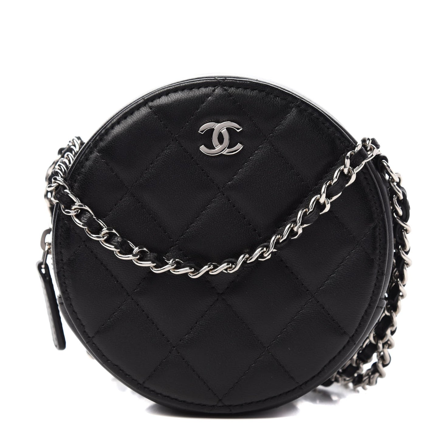 CHANEL Lambskin Quilted Round Clutch With Chain Black