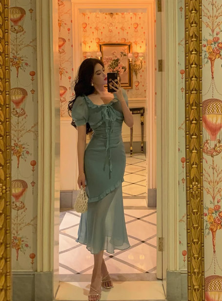 Sexy Mermaid Square Chiffon Blue 21st Birthday Dress Party Gown Birthday Outfits Birthday Dress Ideas For Women DP1881