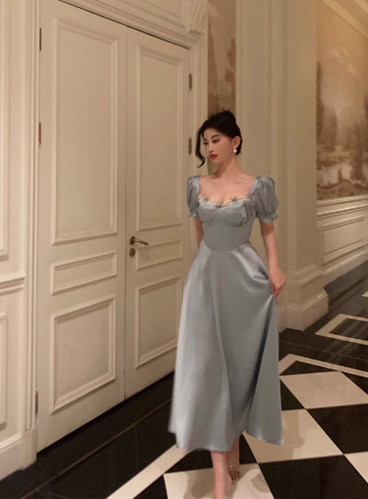 Vintage A line Square Blue Satin Prom Dresses Ruffles Evening Gowns Evening Dress DP1882