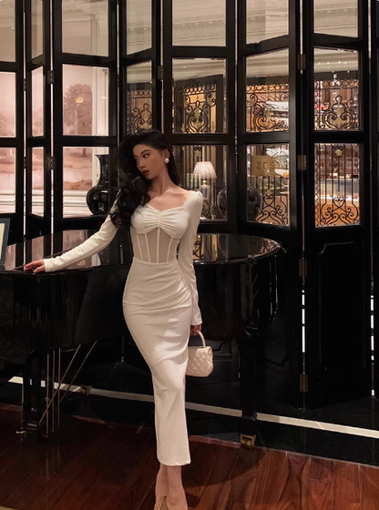 Sexy Sheath White Long Sleeves Satin 21st Birthday Dress Party Gown Birthday Outfits Birthday Dress Ideas For Women DP1896