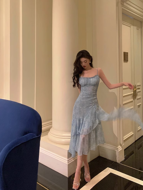 Sexy A line Floral Blue 21st Birthday Dress Party Gown Birthday Outfits Birthday Dress Ideas For Women DP1886