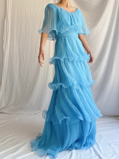 Blue Layered Chiffon A Line V Neck Simple Long Party Dress Evening Dress 18 Birthday Dress SH3625