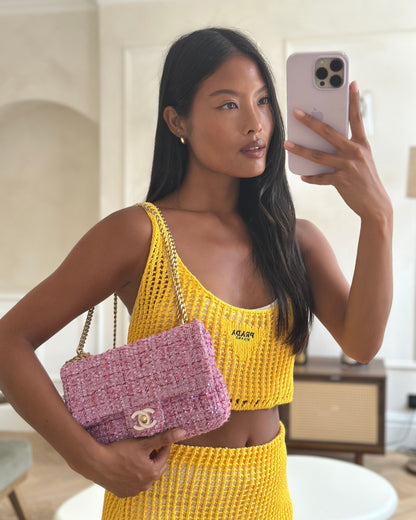 Chanel Pink & Lilac Tweed Seasonal Single Flap Bag with Brushed Gold Hardware & Pink CC Logo