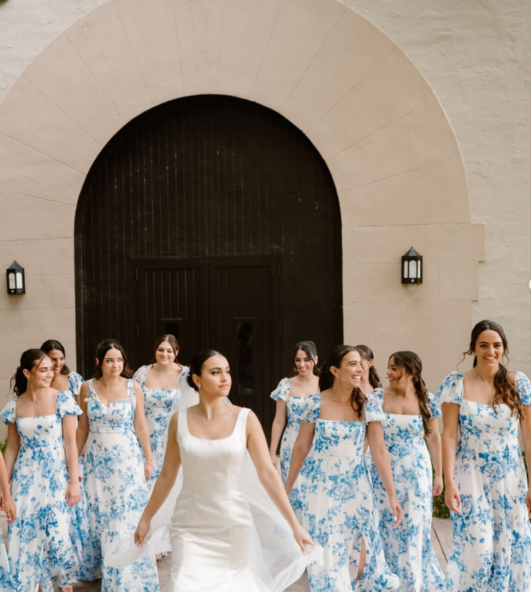 Cute A Line Puff Sleeve Print Floral Chiffon Long Bridesmaid Dress Graduation Prom Dress SH2592