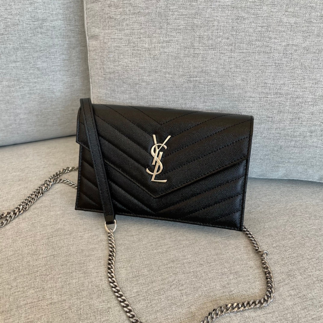 YSL  Cassandre Envelope Chain Wallet Black Grain Leather 19x11.5x4 cm