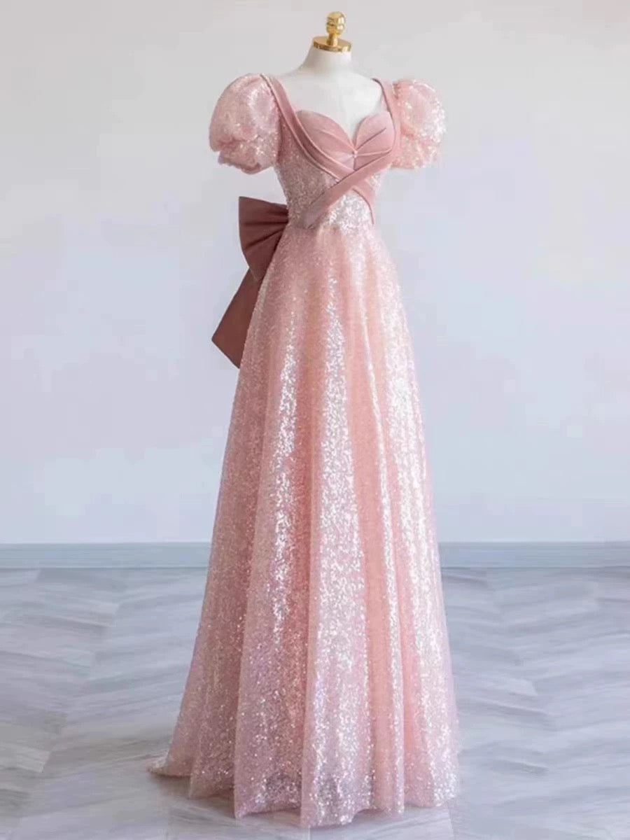 Princess A line Pink Short Sleeves Sequin Long Prom Dresses P1007