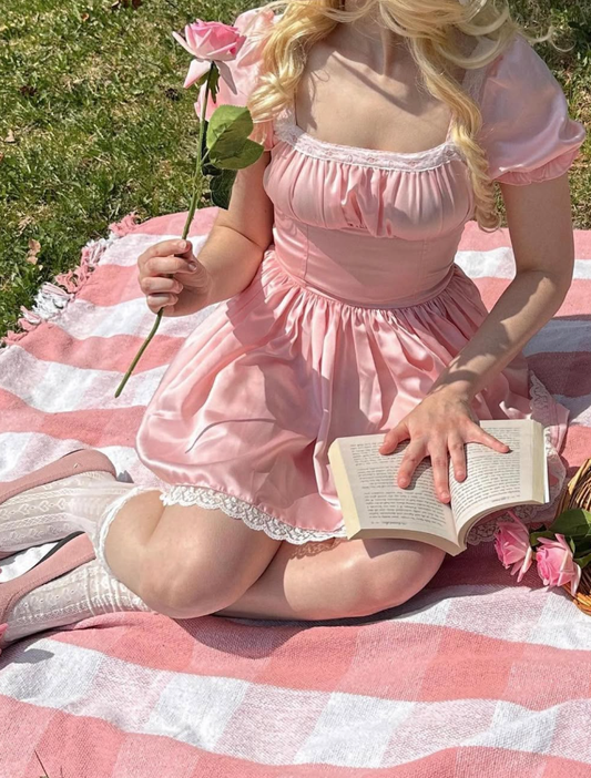 Cute Pink A Line Puff Lace Satin Short Homecoming Dress Cocktail Dress SH3684