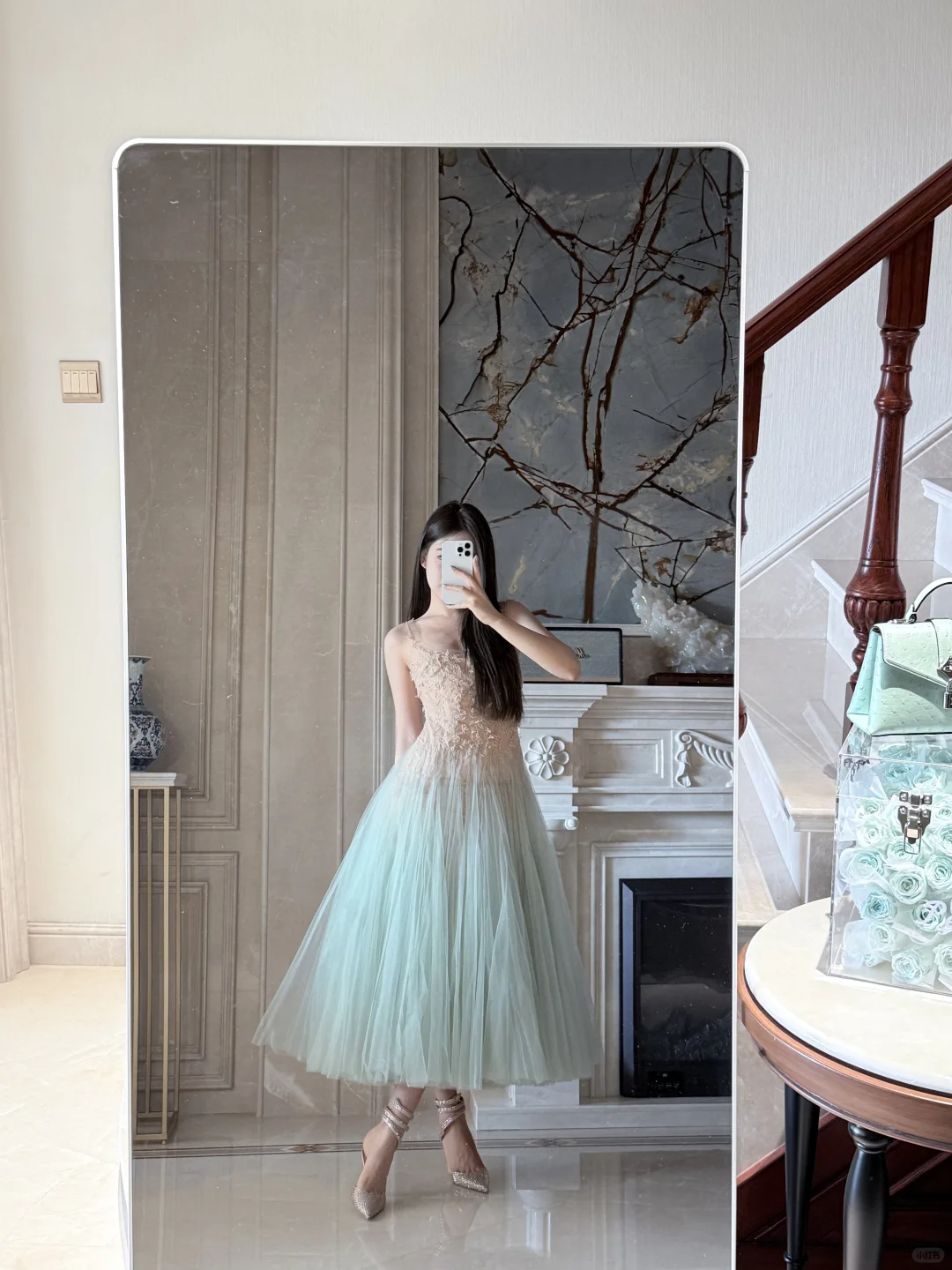 Stunning A Line Spaghetti Strap Brown Lace Green Tulle Prom Dress Evening Dress SH3012