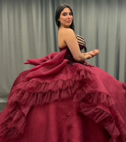 Princess Burgundy Quinceanera Dresses Beaded Appliques Tulle Sweet 16 Party Prom Ball Gown SH3270