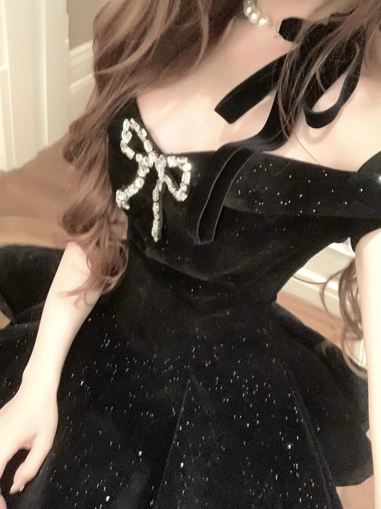 Black Off The Shoulder  Velvet Short Party Dress Birthday Dress S212