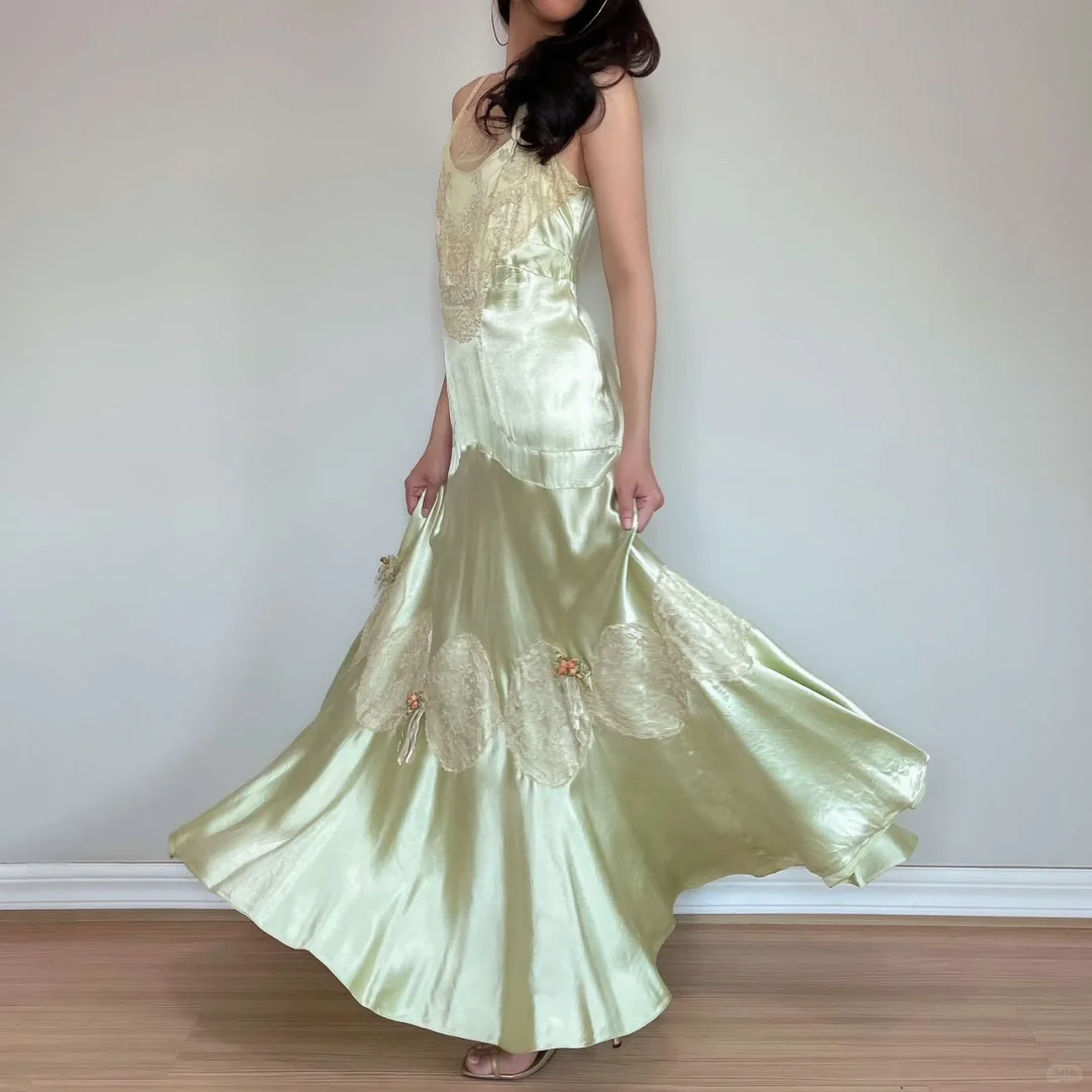 Vintage Mermaid Spaghetti Strap Lace Green Satin Long Prom Dress Evening Dress SH3341