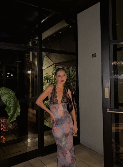 Sexy Print Floral V Neck Black Lace Chiffon Long Outfit Party Dress Vacation Dress Birthday Dress SH3520