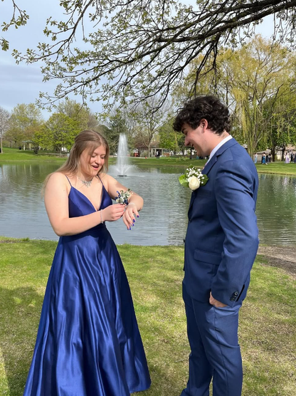 Dark Blue Satin Long Prom Dresses SH893