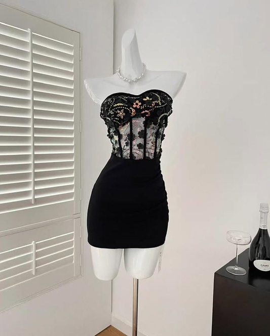 Sexy Sweetheart Neck Black Sheath Sequin Birthday Dress Short Travel Vacation Dress S841