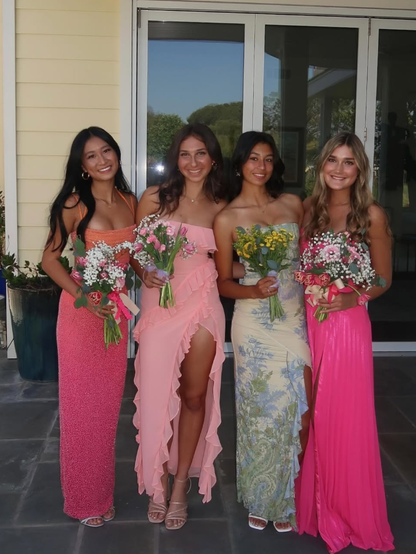 Retro Blue Print Floral Strapless Satin Long Outfit Party Dress 18 Birthday Dress SH3517