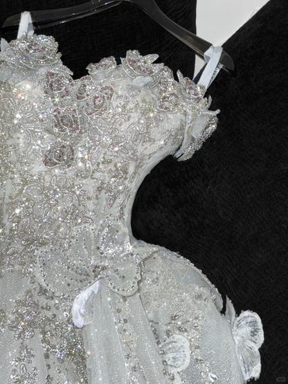 Gorgeous Ball Gown Strapless White Flower Silver Sequin Organza Prom Dress Party Dress SH3415