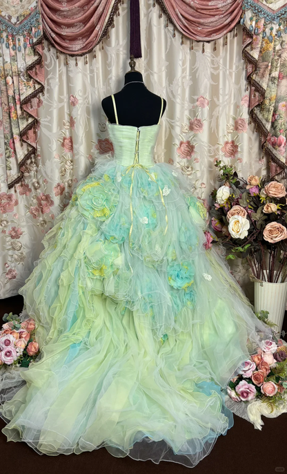 Green Ombre Ball Gown Spaghetti Strap Floral Tulle Long Prom Dress Evening Dress SH3718