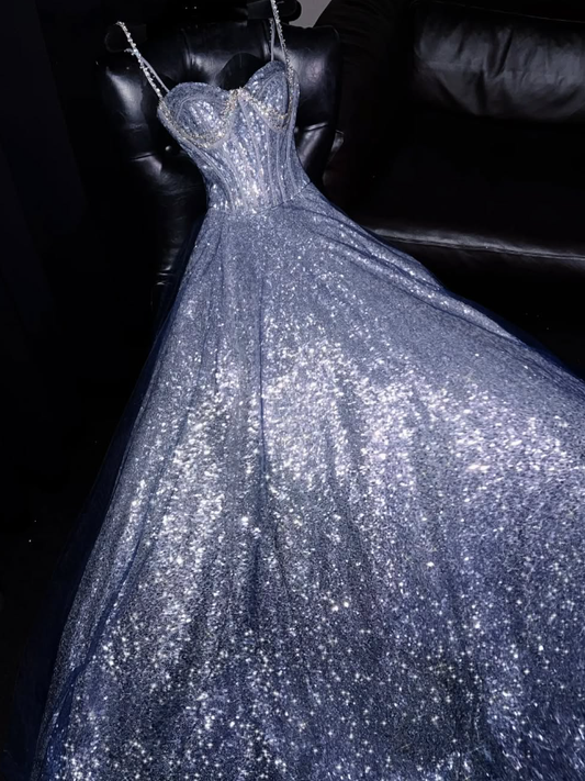 Shiny A Line Spaghetti Strap Rhinestone Silver Sequin Long Prom Dress Graduation Prom Dress SH2488