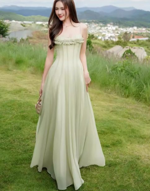 Gentle A Line Spaghetti Strap Green Chiffon Long Prom Dress Party Dress SH3021