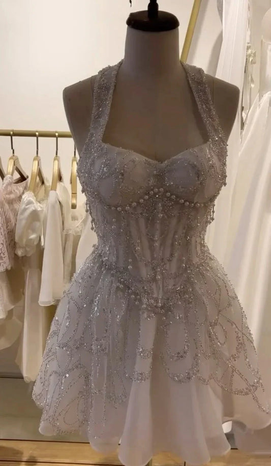 Ivory White Beaded Sweet Short Tulle Homecoming Dress Prom Party Dress gh4979