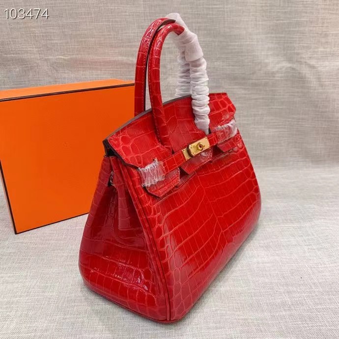 H A SHINY SANGUINE POROSUS CROCODILE BIRKIN 30 WITH GOLD HARDWARE RED 30CM