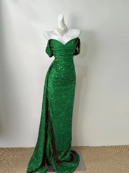 Burgundy Simple Fashionable Elegant Long Sequined Floor-length Sexy Slit Ball Gown Evening Gown Prom Gown gh3728