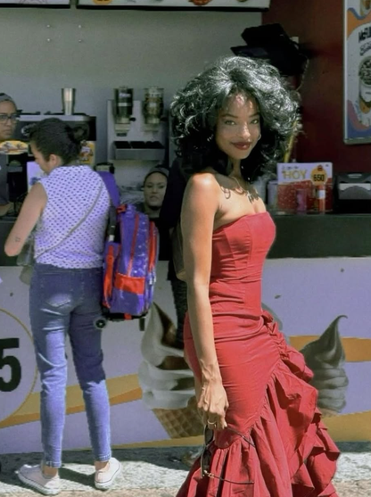 Charming Mermaid Strapless Ruffle Burgundy Satin Prom Dress Evening Dress with Slit SH2130