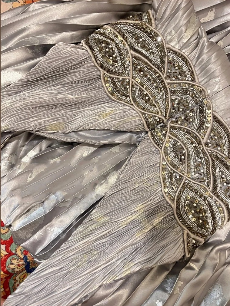 Grey beaded shiny elegant V-neck long satin ball gown evening gown gh4504