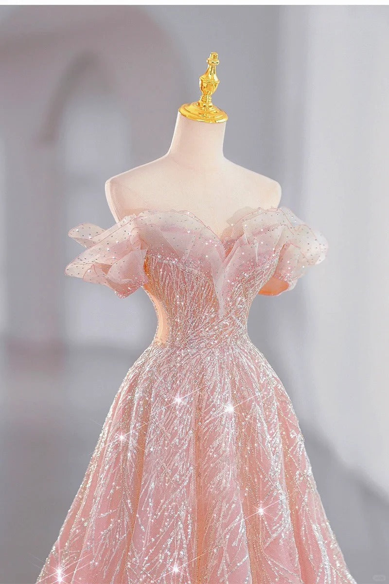 Pink gorgeous shiny dreamy elegant fashion exquisite beaded long floor-length trailing tulle ball gown evening dress gh4000