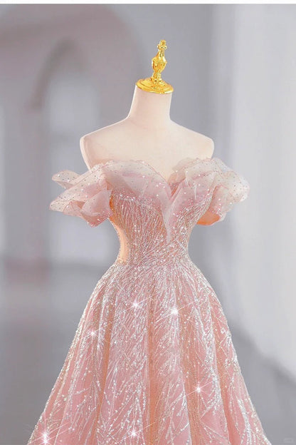 Pink gorgeous shiny dreamy elegant fashion exquisite beaded long floor-length trailing tulle ball gown evening dress gh4000