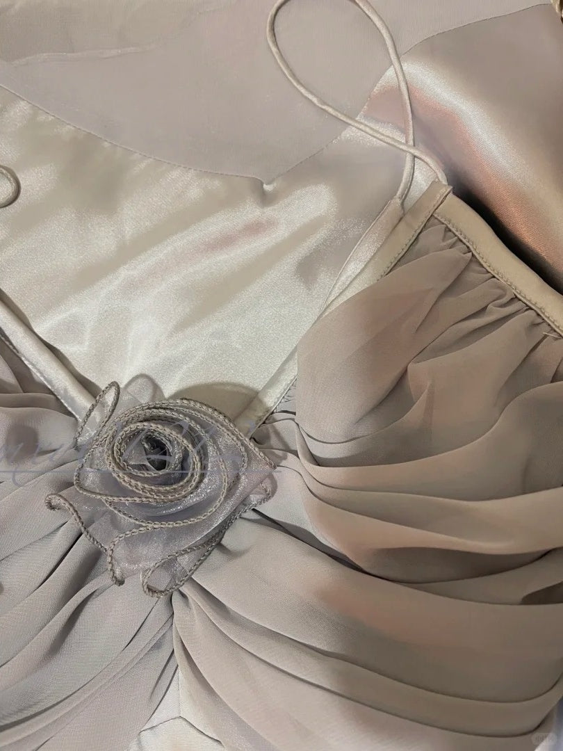 Grey blue floral long satin ball gown, evening gown, graduation gown gh4508