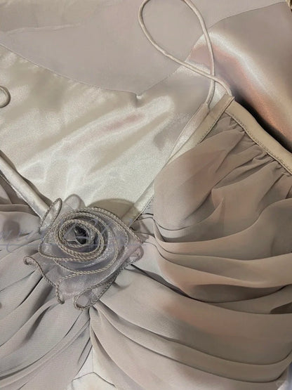 Grey blue floral long satin ball gown, evening gown, graduation gown gh4508