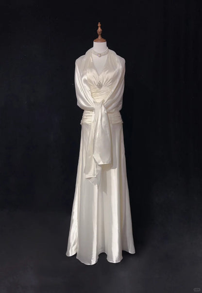 Ivory White Vintage Long Satin Elegant Ball Gown Evening Dress Graduation Dress Wedding Dress gh4490