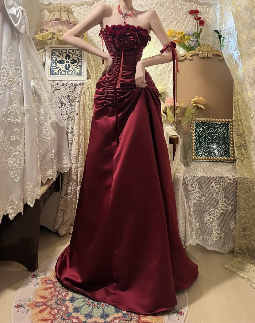 Burgundy Vintage Floral Long Satin Prom Dress Birthday Party Dress Evening Dress gh4412