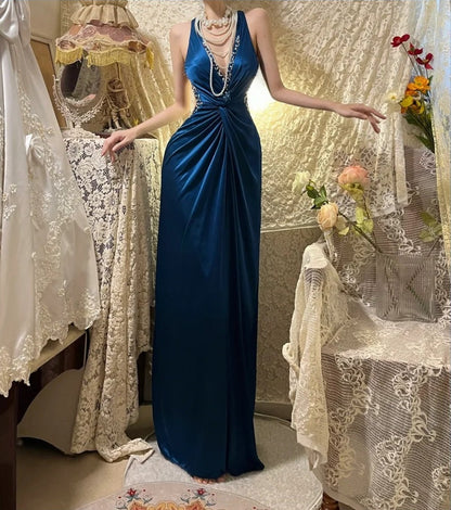 Blue Retro Elegant Fashion Long Satin Prom Dress Evening Gown Graduation Dress gh4257