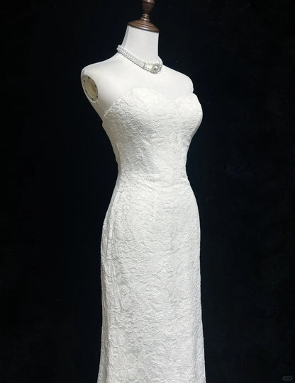 White Retro Fashion Sweetheart Neck Elegant Exquisite Lace Long Lace Tulle Floor Length Trailing Ball Gown Evening Gown Prom Gown Wedding Dress gh3873